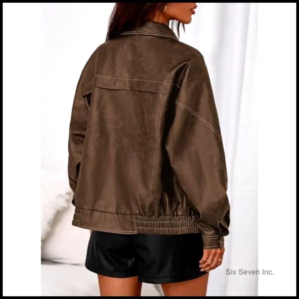 Faux Leather Bomber Jacket Oversized Moto Biker Style Retro Zip Up - Picture 4 of 7